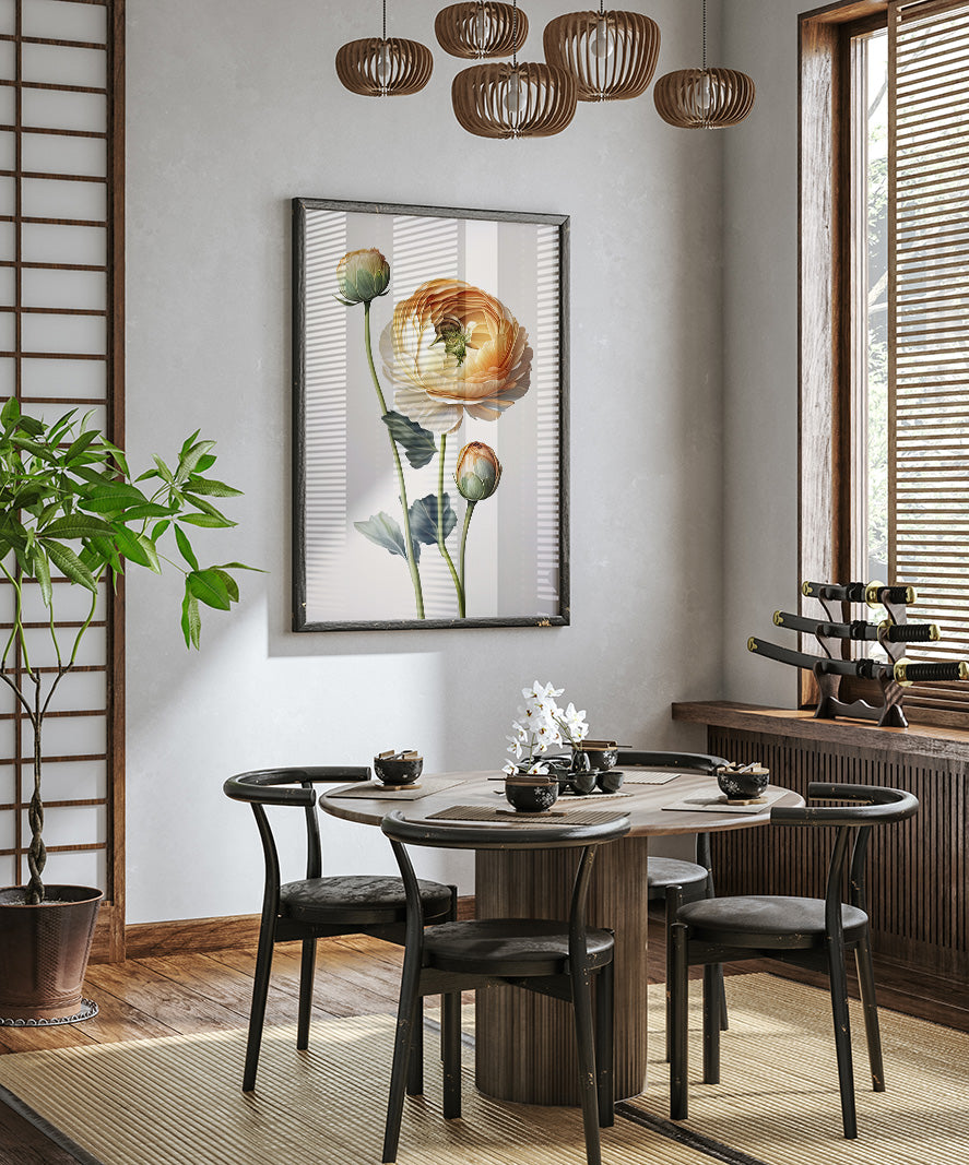 a modern dining room with a round wooden table, four black chairs, and a large floral painting hanging on the wall above the table.