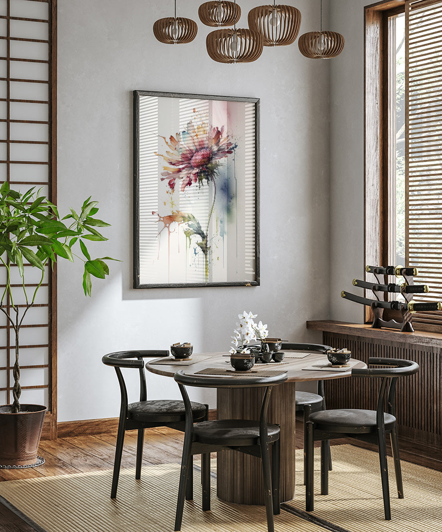 a modern dining room with a round wooden table, four black chairs, and a large window with wooden blinds. A large floral painting hangs on the wall above the table, and a potted plant is placed on the floor next to the table.