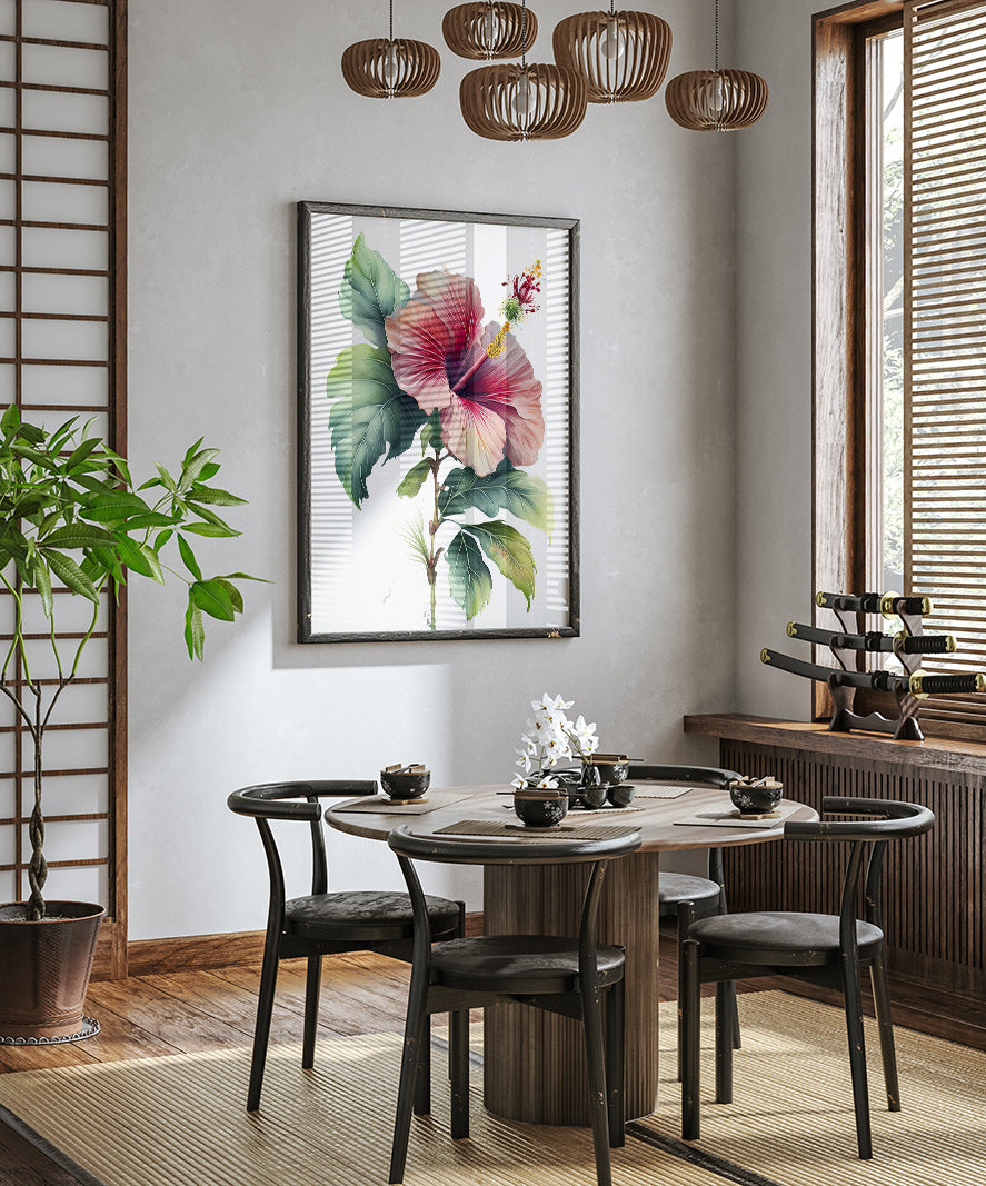 a modern dining room with a wooden table and chairs, a large floral painting on the wall, and a potted plant in the corner.