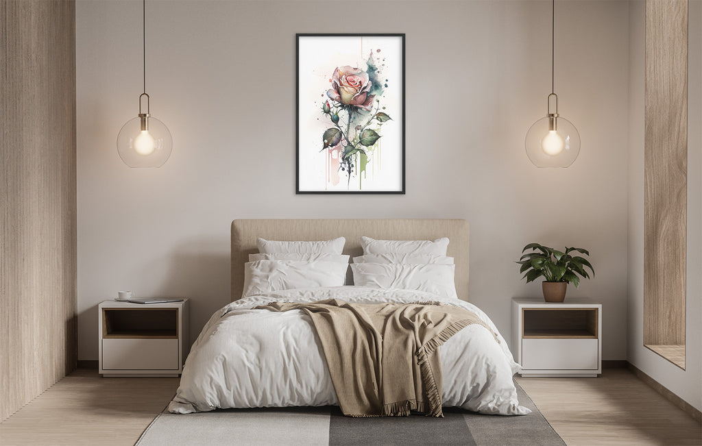 a serene and modern bedroom with a large bed, white bedding, and a framed watercolor painting of a rose hanging above it. The room is illuminated by two pendant lights, creating a warm and inviting atmosphere.
