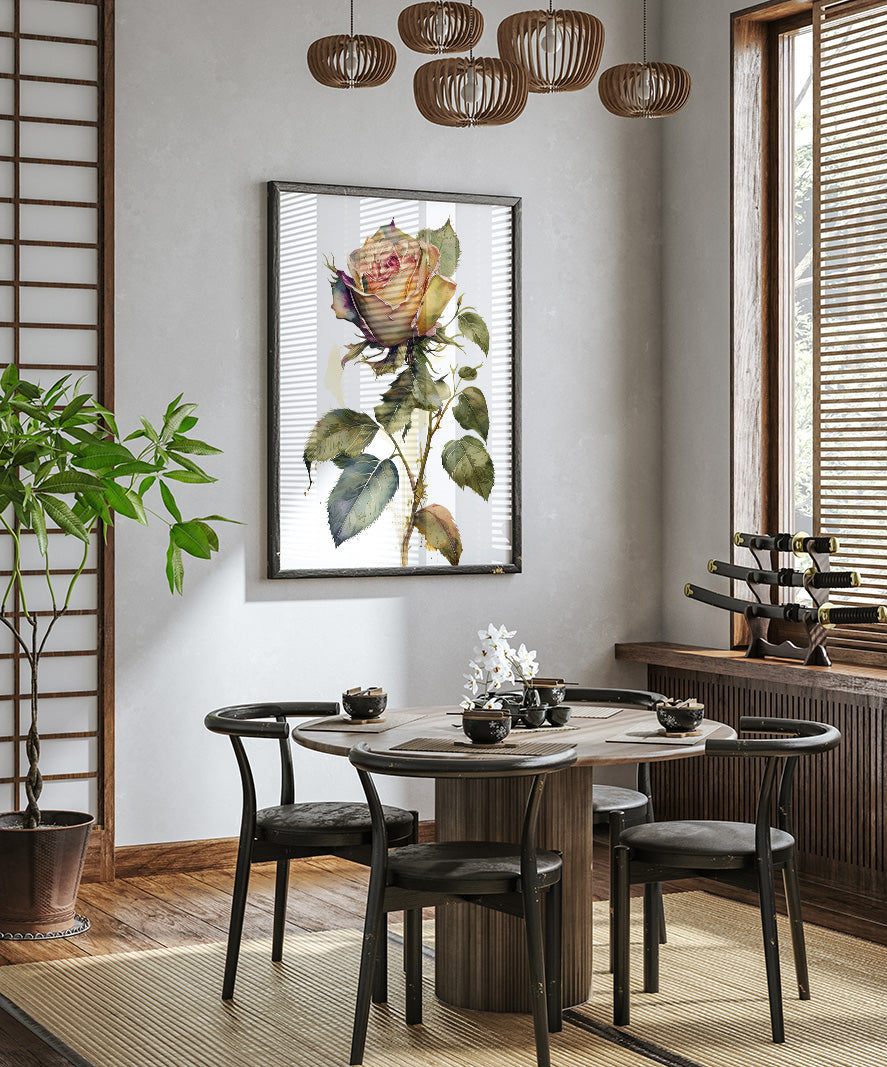 a modern dining room with a wooden table and chairs, a large framed rose painting on the wall, and a potted plant on the left side.