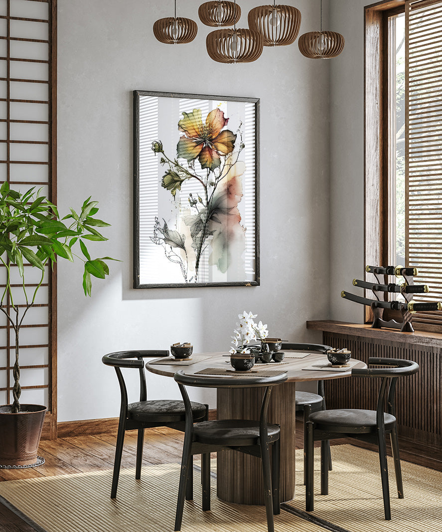 a modern dining room with a round wooden table surrounded by black chairs. A large floral painting hangs on the wall above the table, and a potted plant is placed on the left side of the room. The room has a minimalist and elegant design, with a chandelier hanging from the ceiling and a window with blinds on the right side.