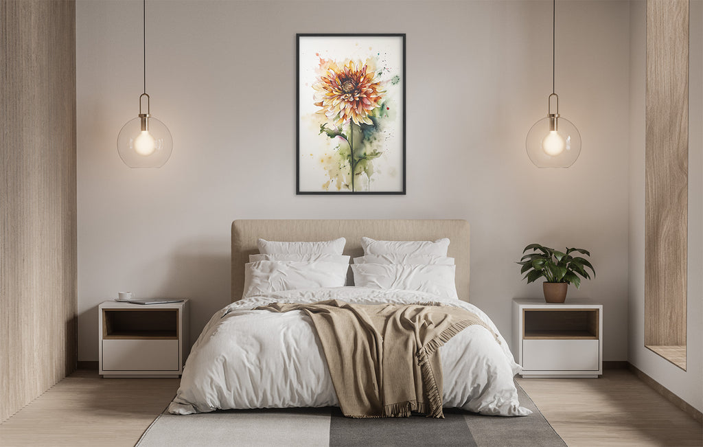a serene and modern bedroom with a large bed, white bedding, and a framed watercolor painting of a flower hanging above it. The room is illuminated by two pendant lights, creating a warm and inviting atmosphere.