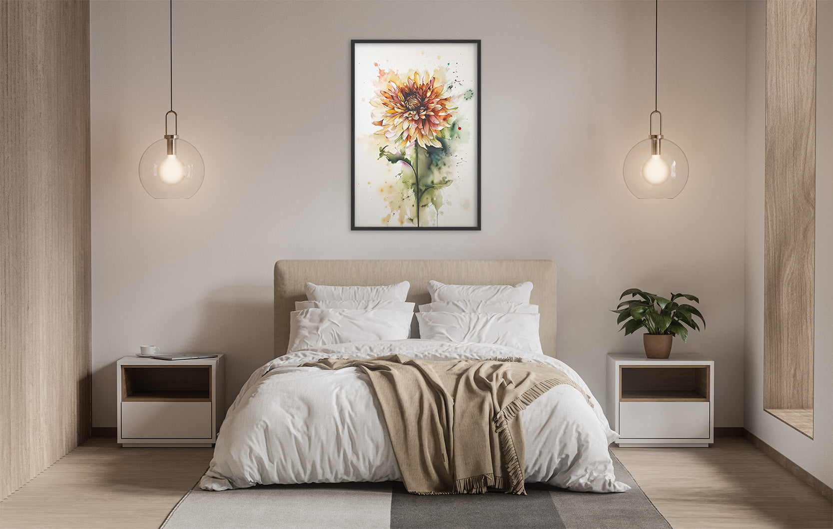 a serene and modern bedroom with a large bed, white bedding, and a framed watercolor painting of a flower hanging above it. The room is illuminated by two pendant lights, creating a warm and inviting atmosphere.