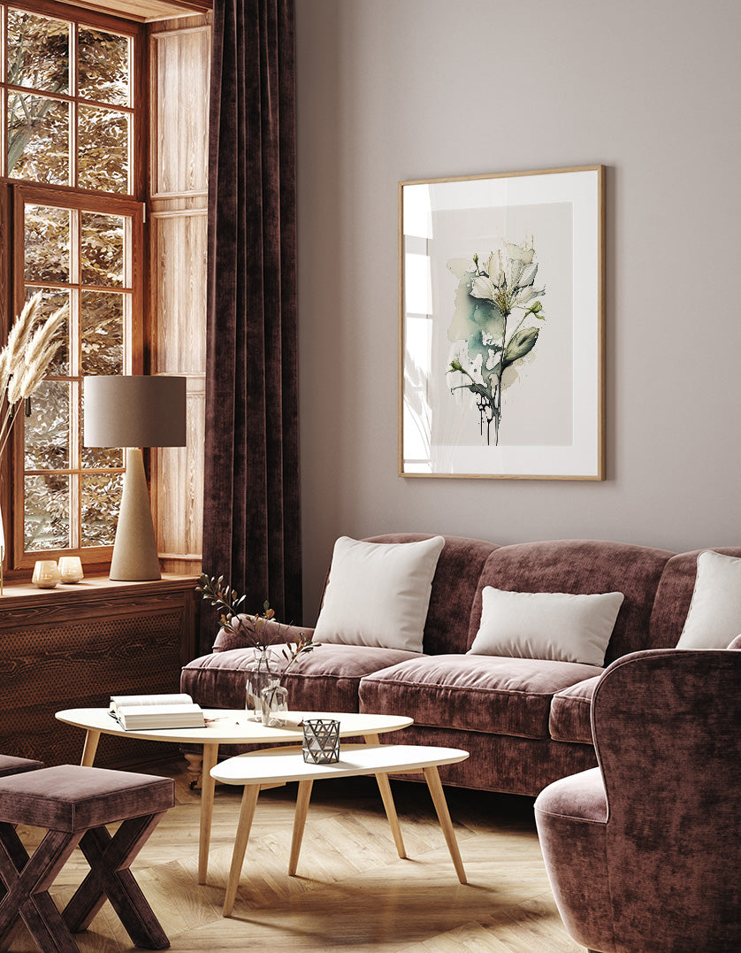 a cozy living room with a large window, a plush red sofa, a wooden coffee table, and a framed artwork of a plant on the wall.
