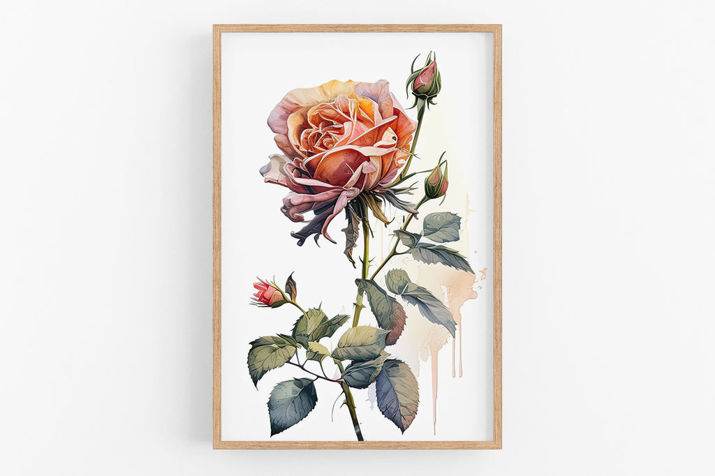 The image is a framed print depicting a vibrant, colorful rose with multiple petals and leaves.