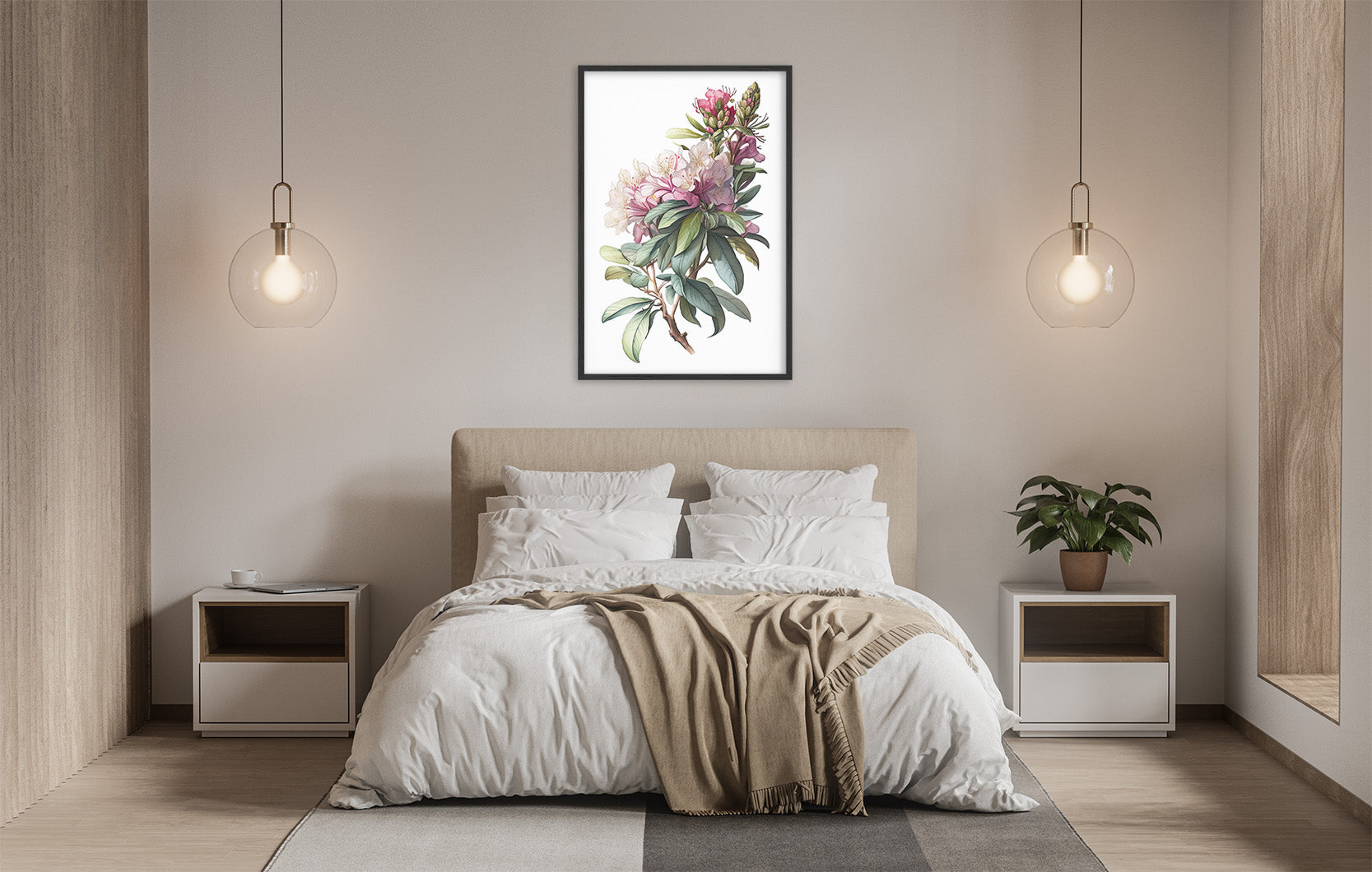 a serene and modern bedroom with a large bed, white bedding, and a framed floral artwork hanging above it. The room is illuminated by two pendant lights, creating a warm and inviting atmosphere.