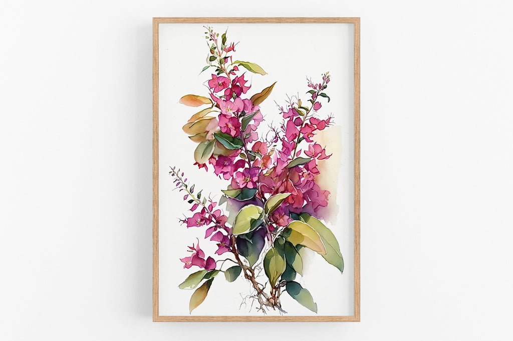 The image is a framed watercolor painting depicting a vibrant bouquet of pink flowers with green leaves.