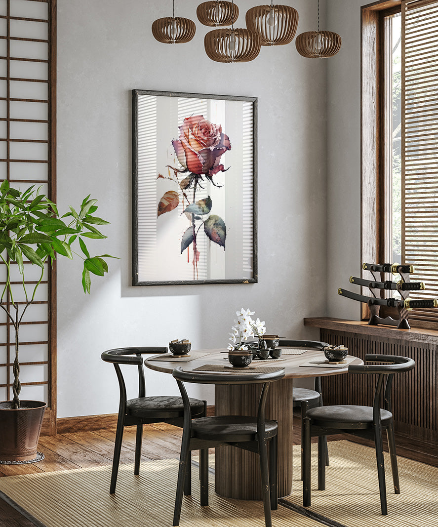 a modern dining room with a wooden table and chairs, a large framed rose painting on the wall, and a potted plant on the left side.