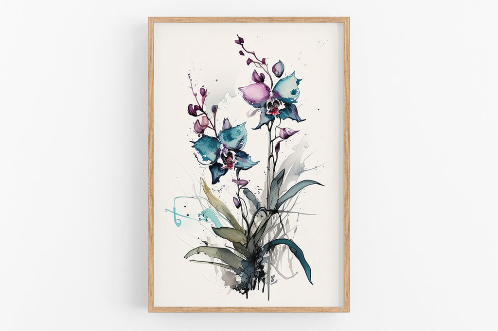 The image is a framed watercolor painting depicting a vibrant floral arrangement with purple and blue flowers, surrounded by green leaves and stems.