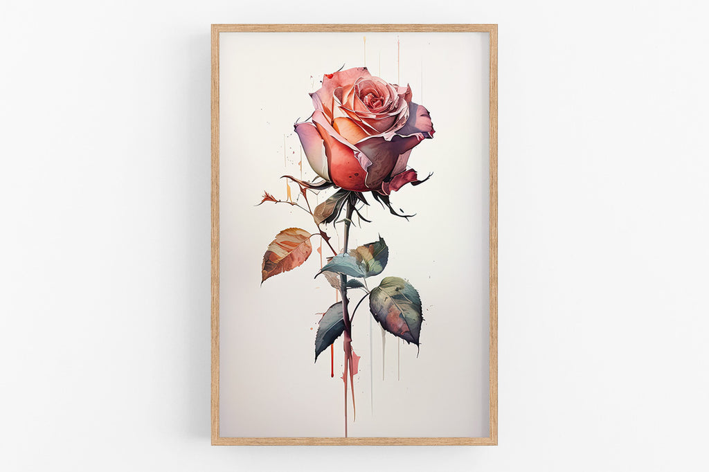 A framed watercolor painting depicting a vibrant pink rose with delicate petals and lush green leaves.