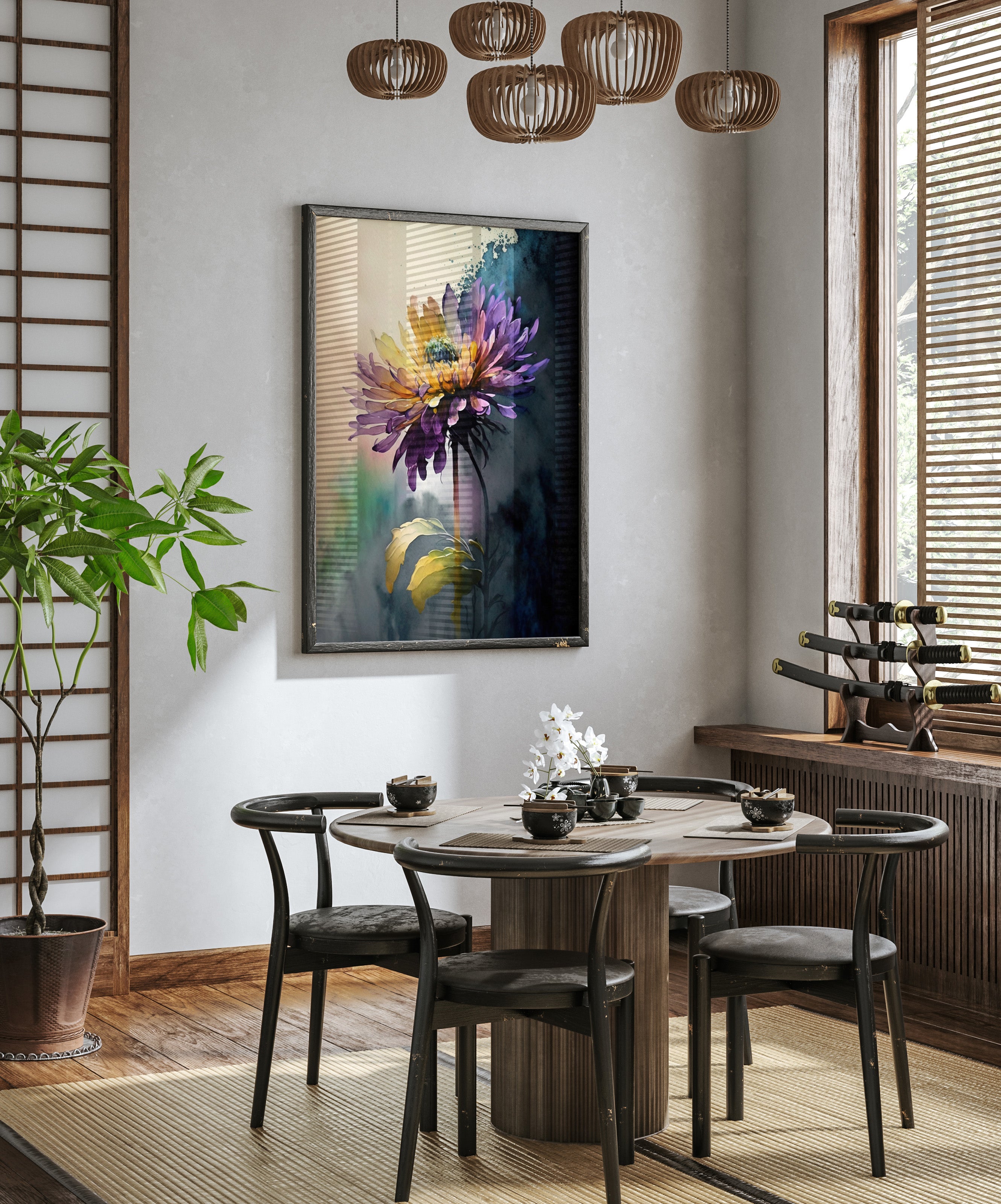 a modern dining room with a round wooden table surrounded by black chairs. A large, colorful painting of a flower hangs on the wall above the table. The room is decorated with wooden furniture, including a wooden cabinet and a wooden shelf. A potted plant is placed on the floor, and a window with blinds allows natural light to enter the space.
