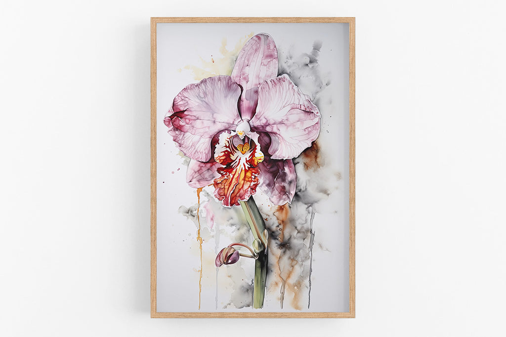 The image is a framed painting depicting a large, vibrant orchid flower with intricate details and a mix of pink and orange hues.