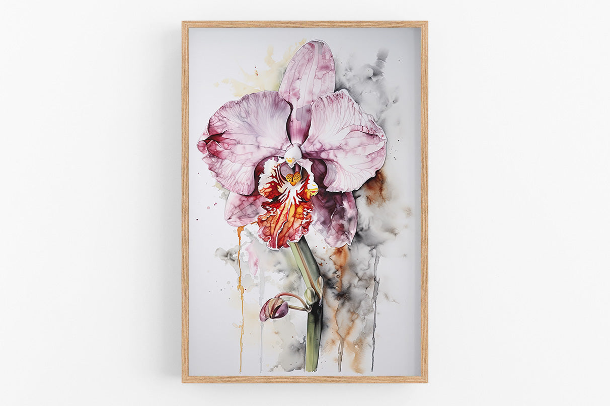 The image is a framed painting depicting a large, vibrant orchid flower with intricate details and a mix of pink and orange hues.