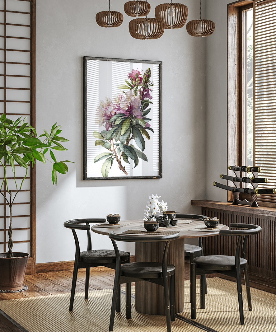 a modern dining room with a round wooden table surrounded by black chairs. A large floral painting hangs on the wall above the table, and a potted plant is placed on the left side of the room. The room has a minimalist and elegant design, with a wooden floor and a large window providing natural light.