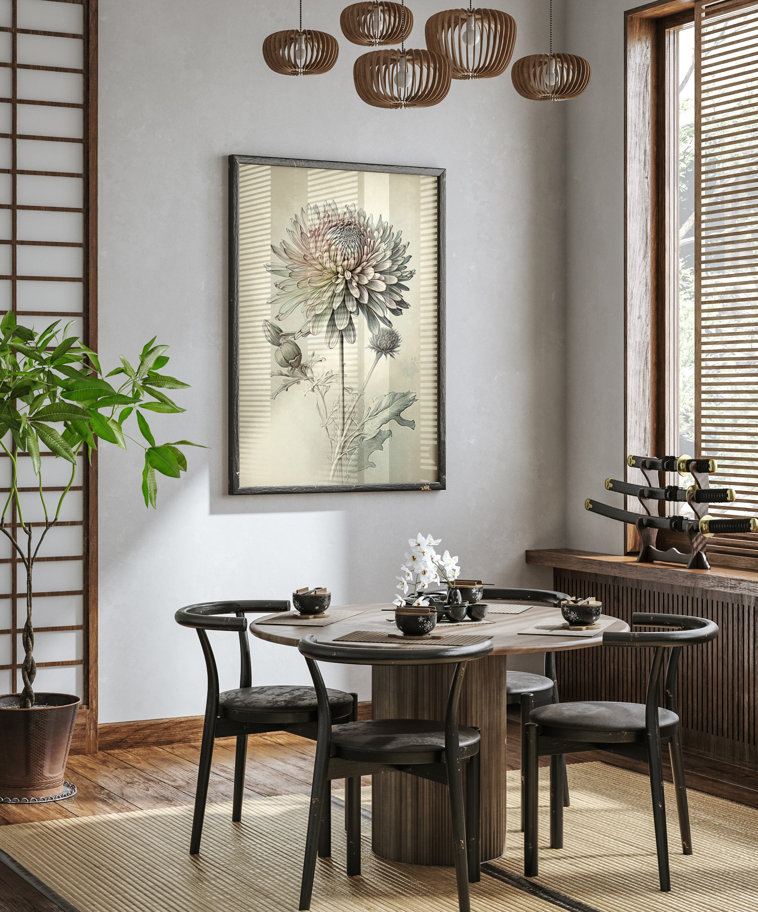 a modern dining room with a round wooden table, black chairs, and a large floral artwork hanging on the wall above the table.