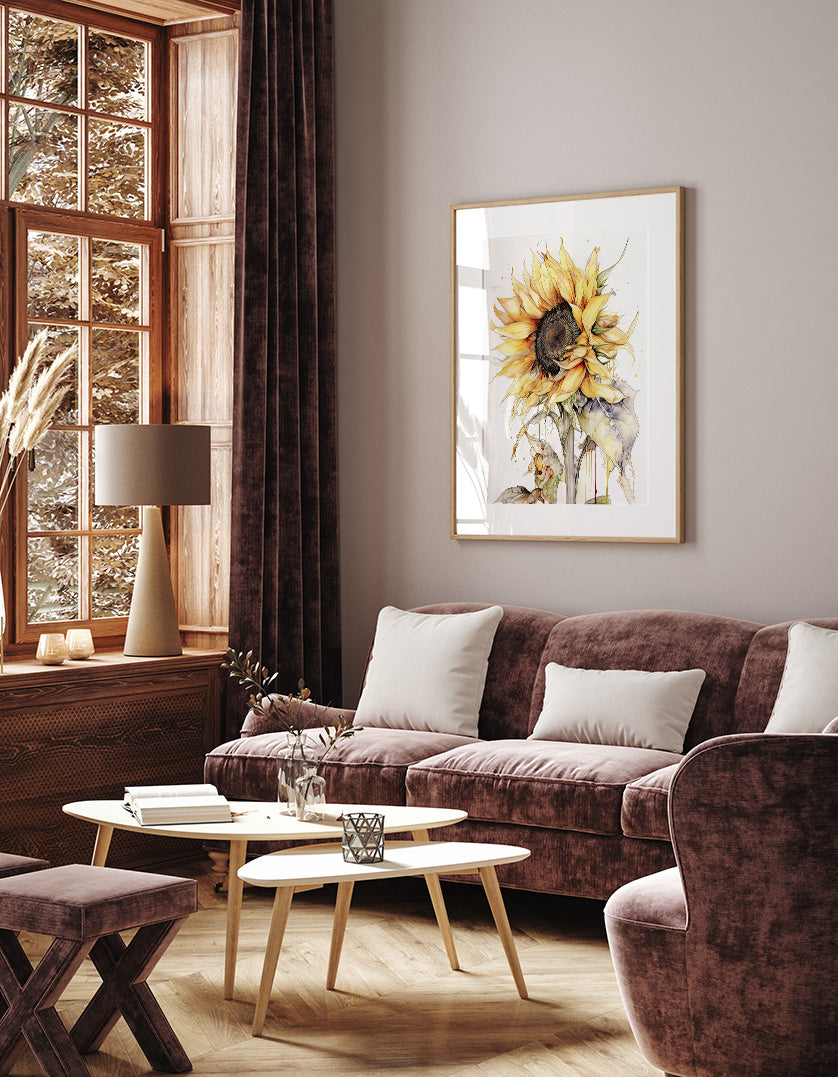 a cozy living room with a large window, a brown sofa, a coffee table, and a framed painting of a sunflower on the wall.