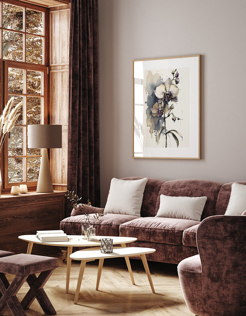 a cozy living room with a large window, a plush couch, a coffee table, and a framed artwork of flowers on the wall.