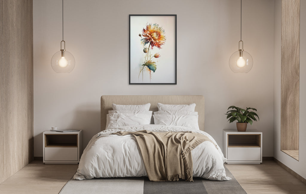 a serene and modern bedroom with a large bed, white bedding, and a framed painting of a flower hanging above it. The room is illuminated by two pendant lights, creating a warm and inviting atmosphere.