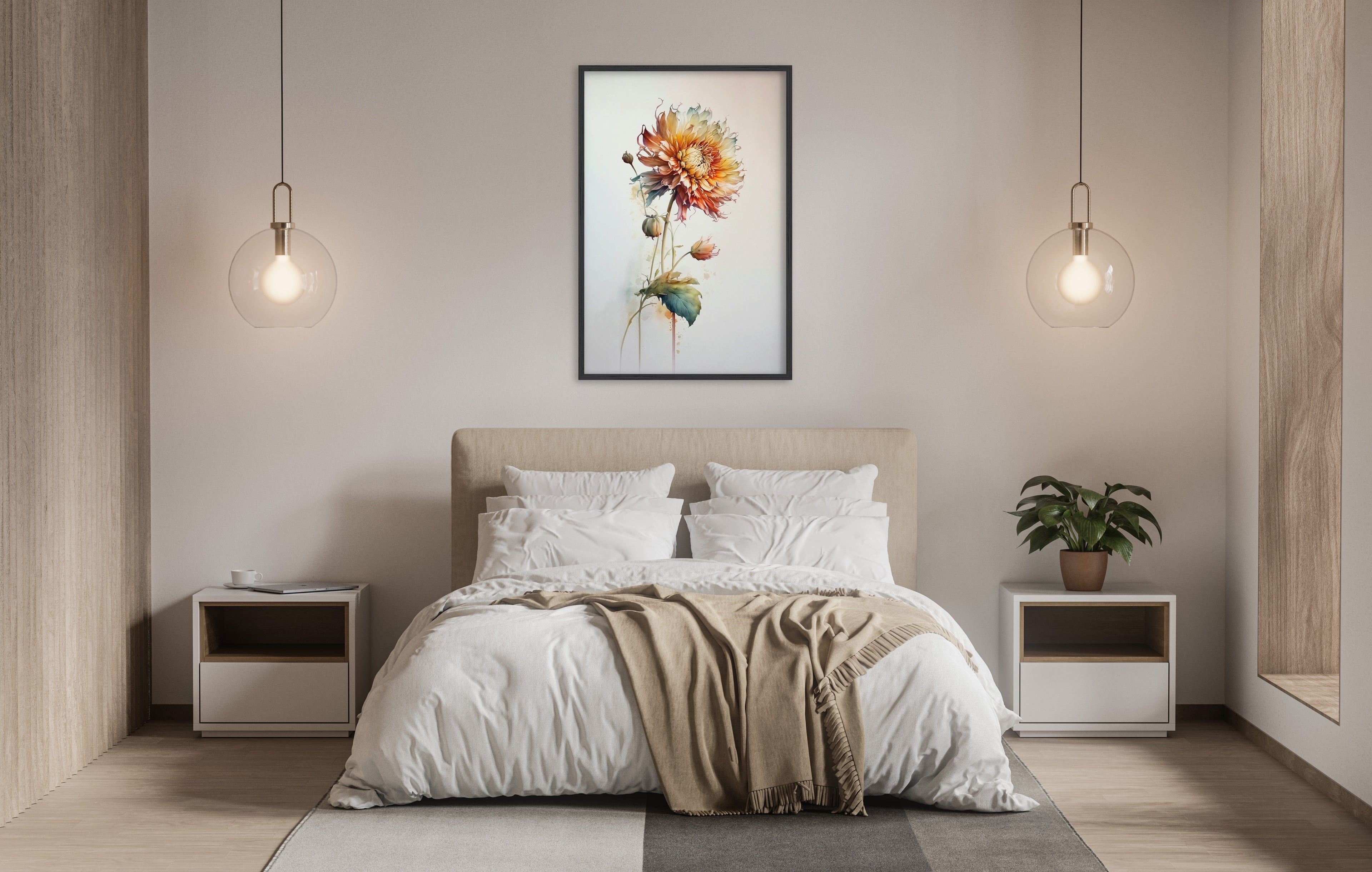 a serene and modern bedroom with a large bed, white bedding, and a framed painting of a flower hanging above it. The room is illuminated by two pendant lights, creating a warm and inviting atmosphere.