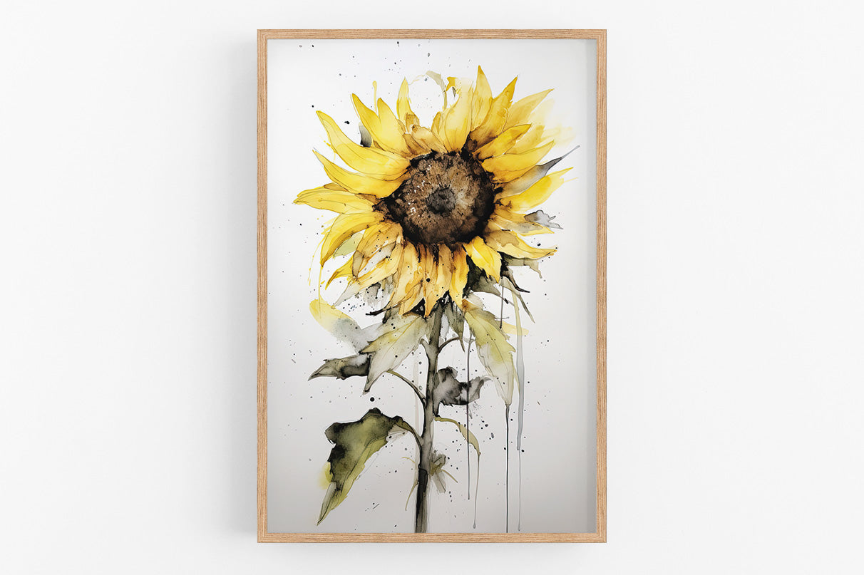 The image is a framed watercolor painting of a vibrant yellow sunflower.