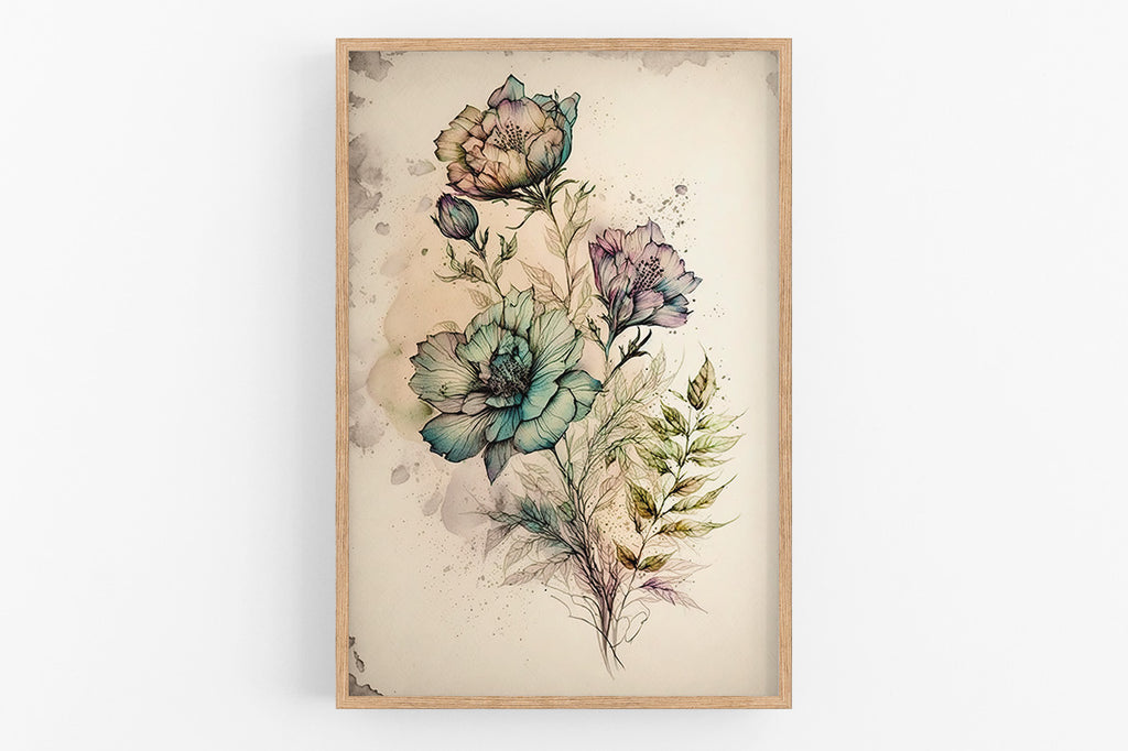 The image is a framed print featuring a floral illustration with three large, colorful flowers and various green leaves.