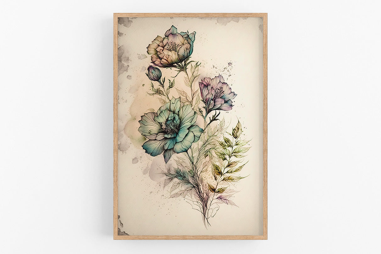The image is a framed print featuring a floral illustration with three large, colorful flowers and various green leaves.