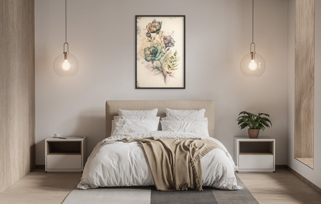 a serene and modern bedroom with a large bed, white bedding, and a framed floral artwork hanging above it. The room is illuminated by two pendant lights, creating a warm and inviting atmosphere.