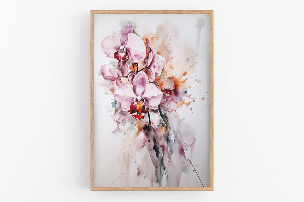 The image is a framed painting of a bouquet of pink orchids with a watercolor-like effect, featuring a mix of pink, red, and white colors.