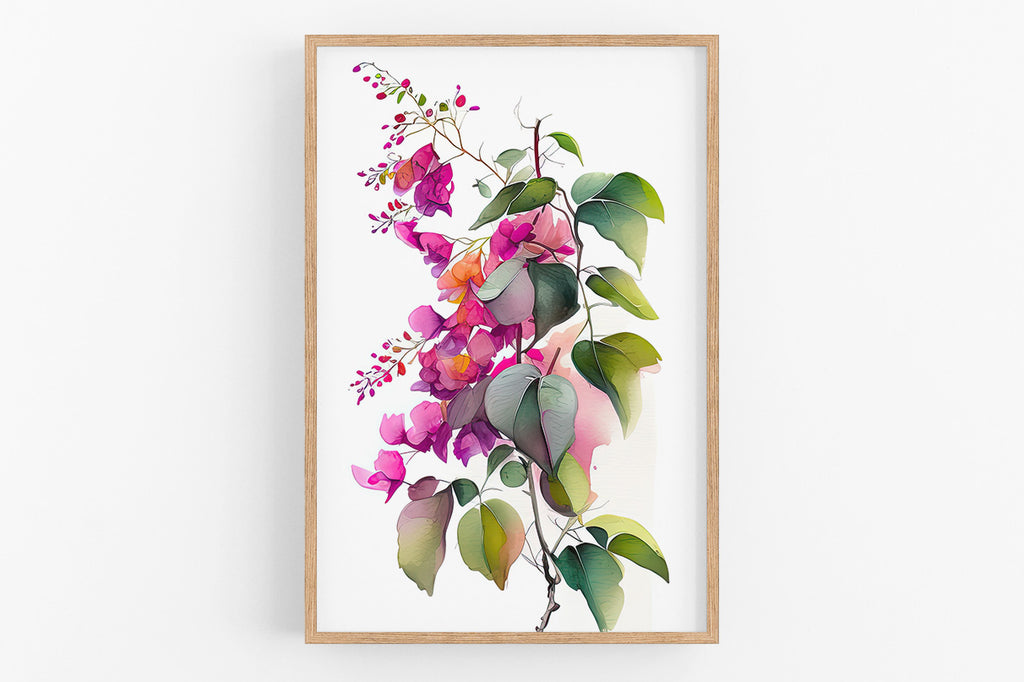 The image is a framed watercolor painting depicting a vibrant floral arrangement with pink and green leaves and flowers.