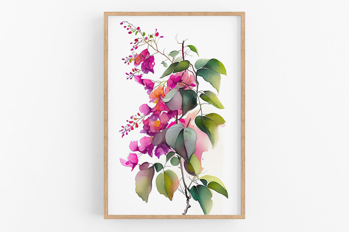 The image is a framed watercolor painting depicting a vibrant floral arrangement with pink and green leaves and flowers.