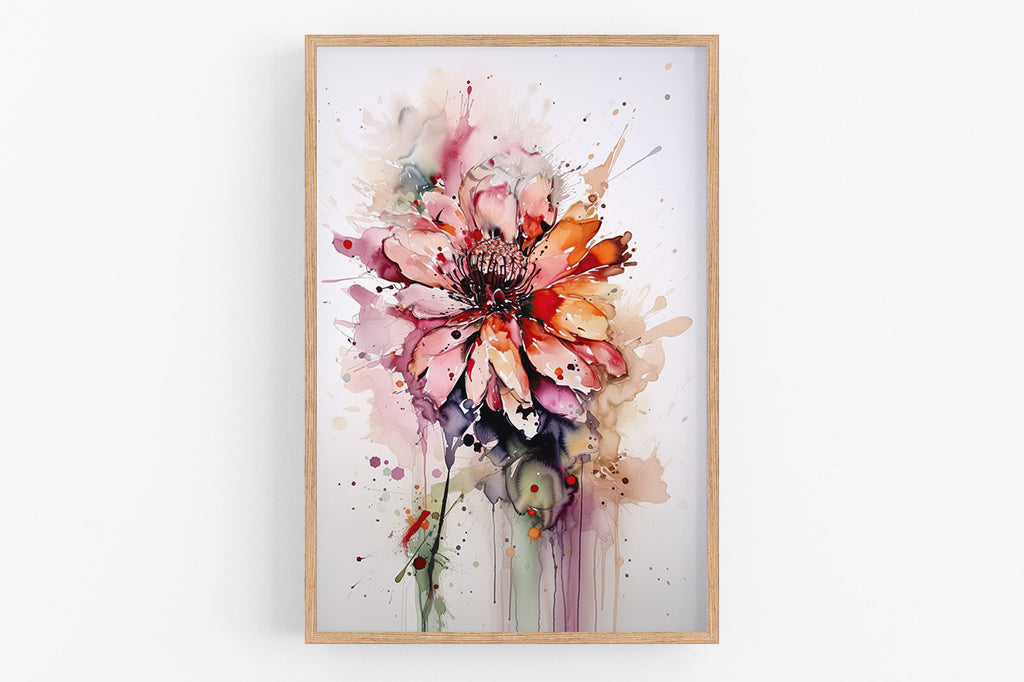 The image is a vibrant and colorful painting of a flower, with splashes of color and texture throughout the composition.