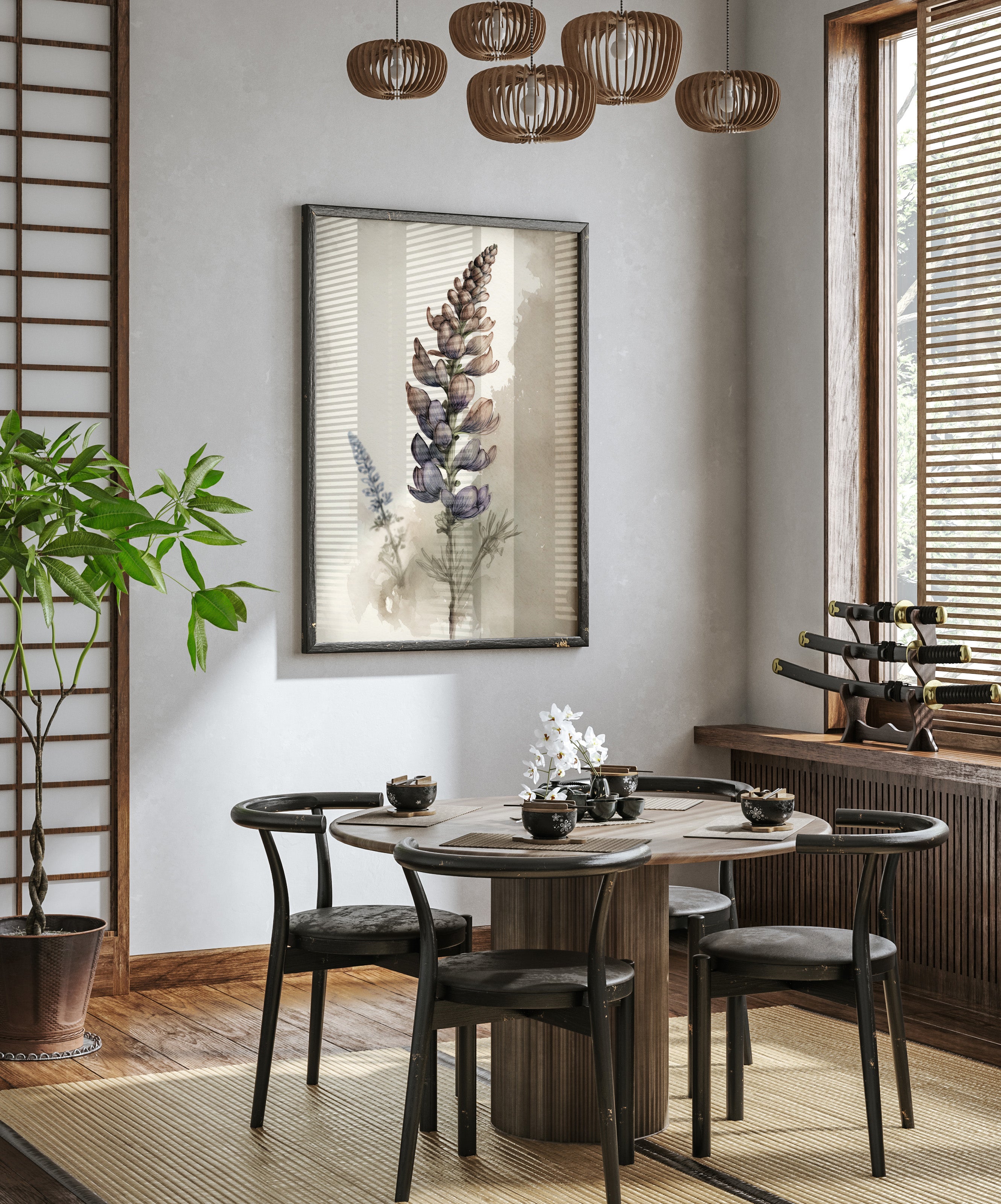 a modern dining room with a round wooden table, black chairs, and a large potted plant. A framed artwork of a purple flower is hanging on the wall above the table.