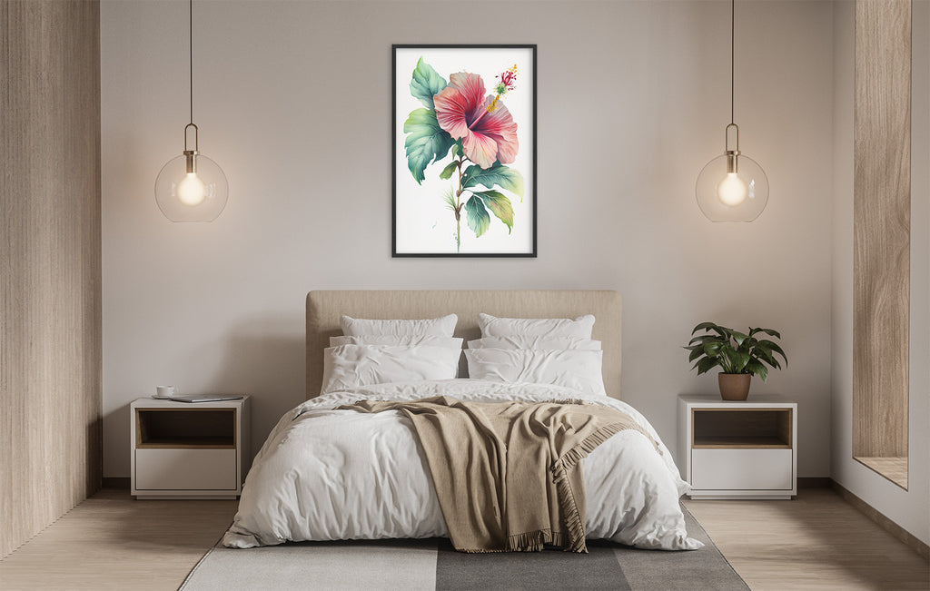 a serene and modern bedroom with a large bed, white bedding, and a framed painting of a pink hibiscus flower hanging above it. The room is illuminated by two pendant lights, creating a warm and inviting atmosphere.