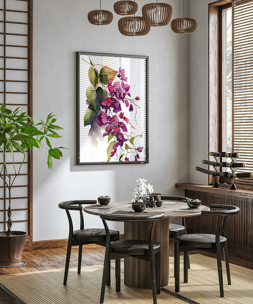 a modern dining room with a round wooden table surrounded by black chairs. A large floral painting hangs on the wall above the table, and a chandelier hangs from the ceiling. The room is decorated with various plants and other decorative elements, creating a cozy and inviting atmosphere.