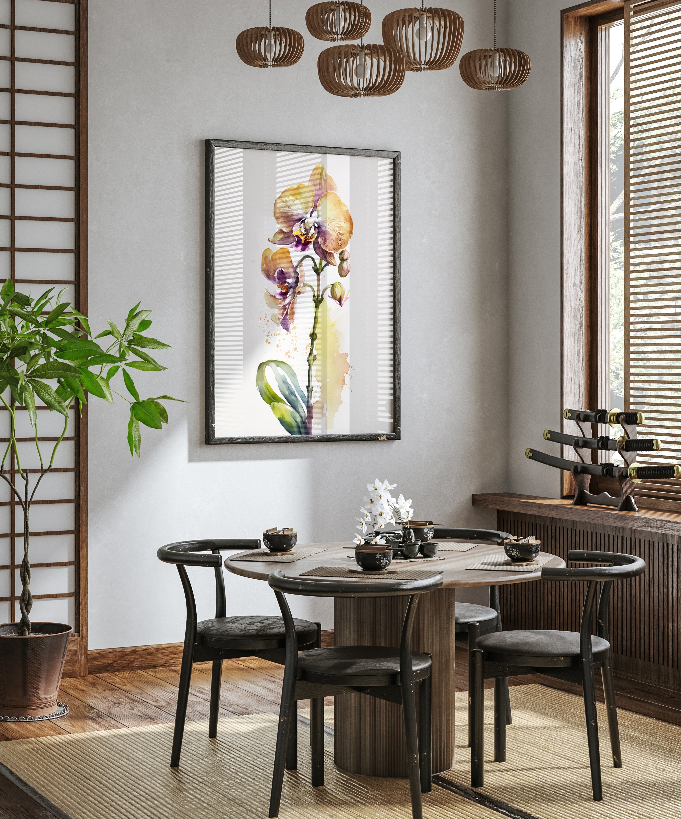 a modern dining room with a round wooden table surrounded by black chairs. A large painting of an orchid is hanging on the wall above the table, and a chandelier is hanging from the ceiling. The room is decorated with a potted plant, a vase of flowers, and a collection of wine glasses on the table.