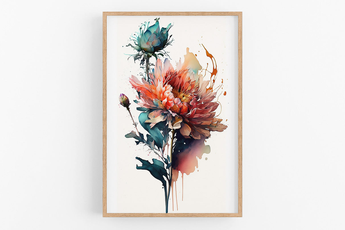 The image is a framed print featuring a vibrant, colorful floral arrangement with a large, blooming flower at the center.