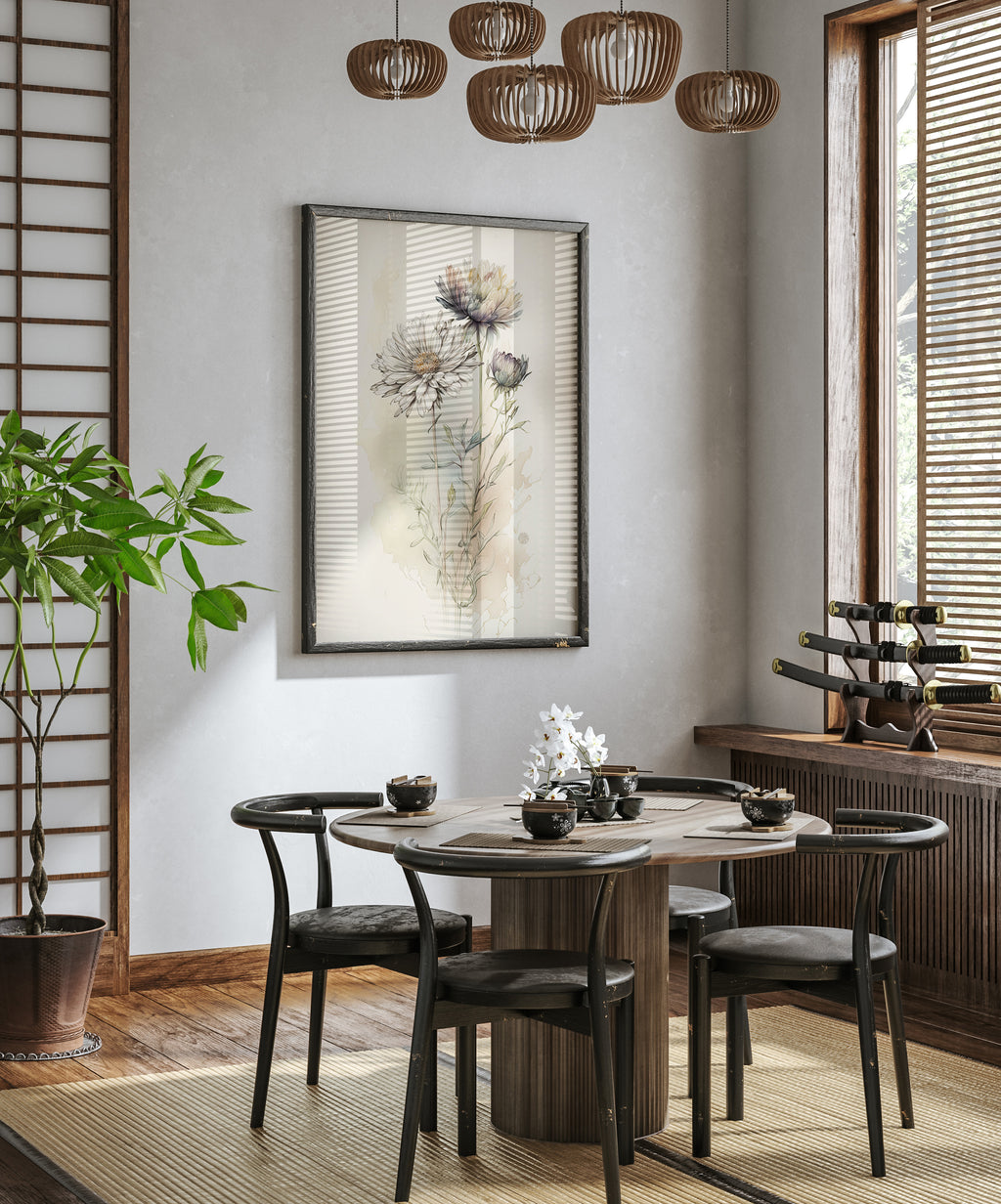 a modern dining room with a round wooden table, black chairs, and a large floral painting on the wall. The room has a minimalist and elegant design, with a chandelier hanging from the ceiling and a window with blinds allowing natural light to enter the space.