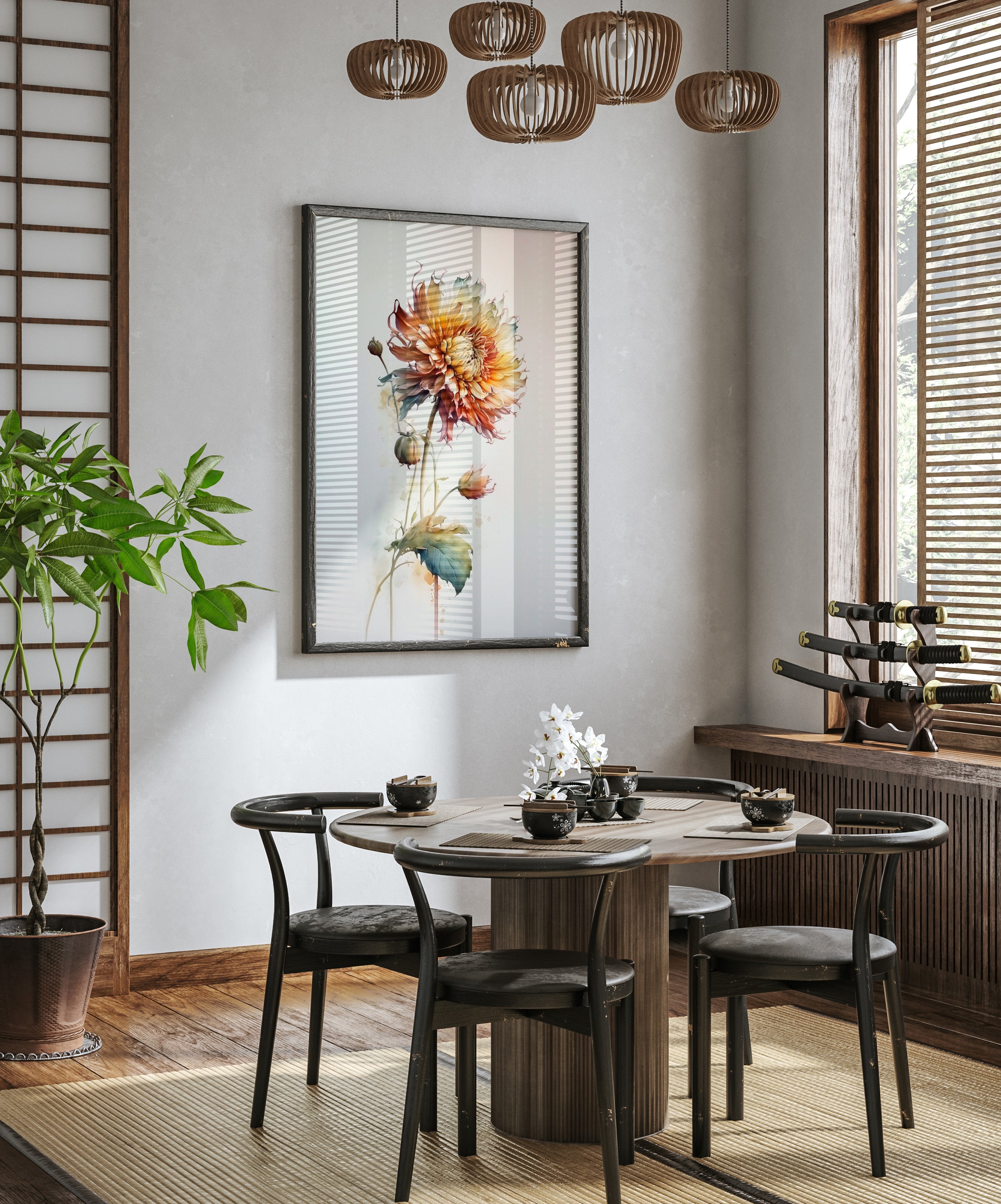 a modern dining room with a round wooden table, four black chairs, and a large window with blinds. A framed painting of a flower hangs on the wall above the table, and a chandelier hangs from the ceiling. The room is decorated with various plants and other decorative elements, creating a stylish and inviting atmosphere.