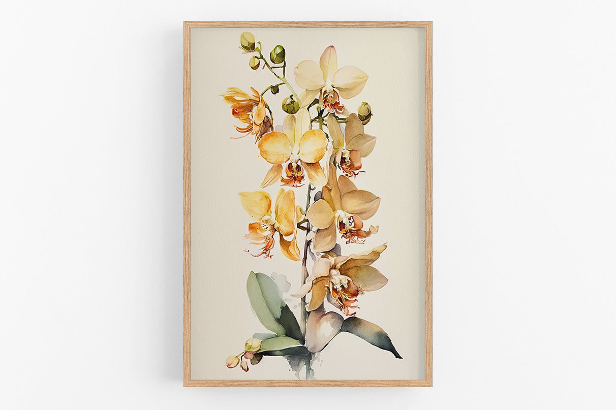 The image is a framed watercolor painting of a vibrant bouquet of yellow orchids with green leaves.