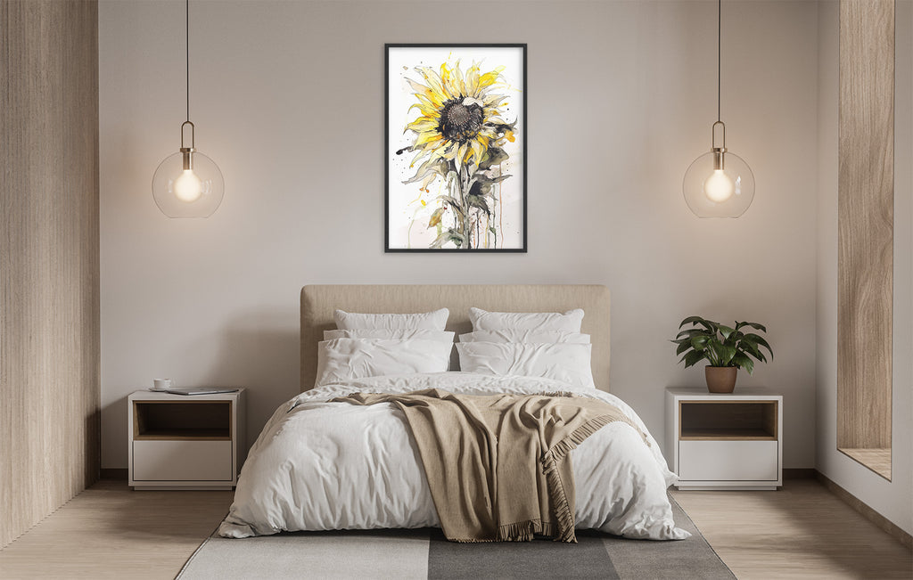 a serene and modern bedroom with a large bed, white bedding, and a framed watercolor painting of a sunflower hanging above it. The room is illuminated by two pendant lights, creating a warm and inviting atmosphere.