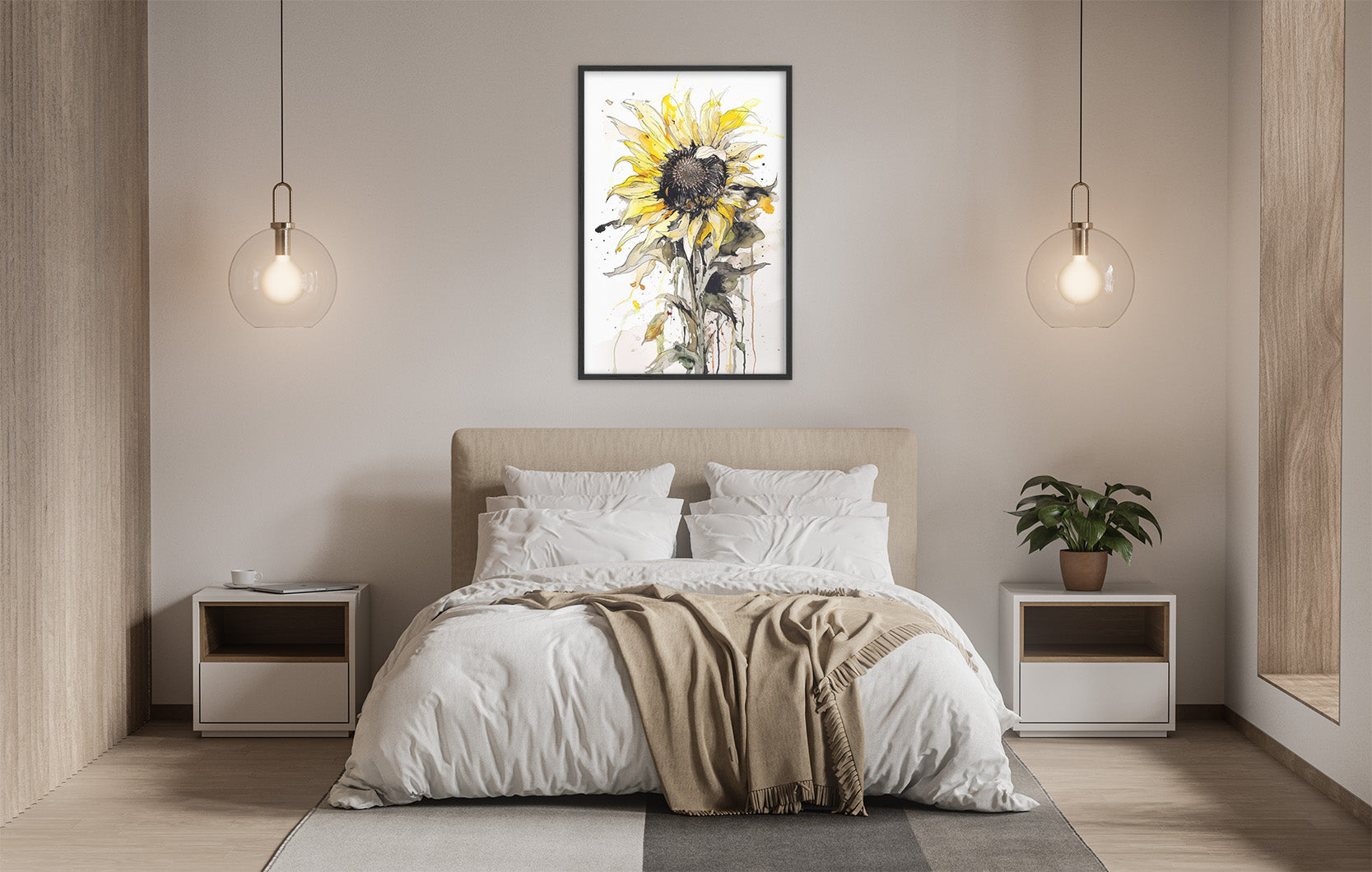 a serene and modern bedroom with a large bed, white bedding, and a framed watercolor painting of a sunflower hanging above it. The room is illuminated by two pendant lights, creating a warm and inviting atmosphere.
