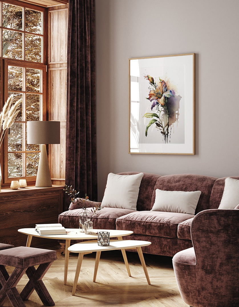 a cozy living room with a large window, a brown sofa, a wooden coffee table, and a framed painting of a flower on the wall.