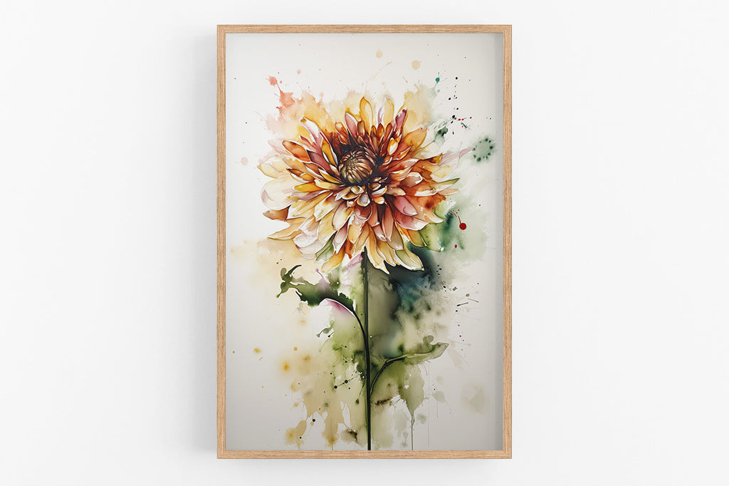 The image is a framed watercolor painting depicting a vibrant, multi-colored dahlia flower with a mix of orange, yellow, and green hues.