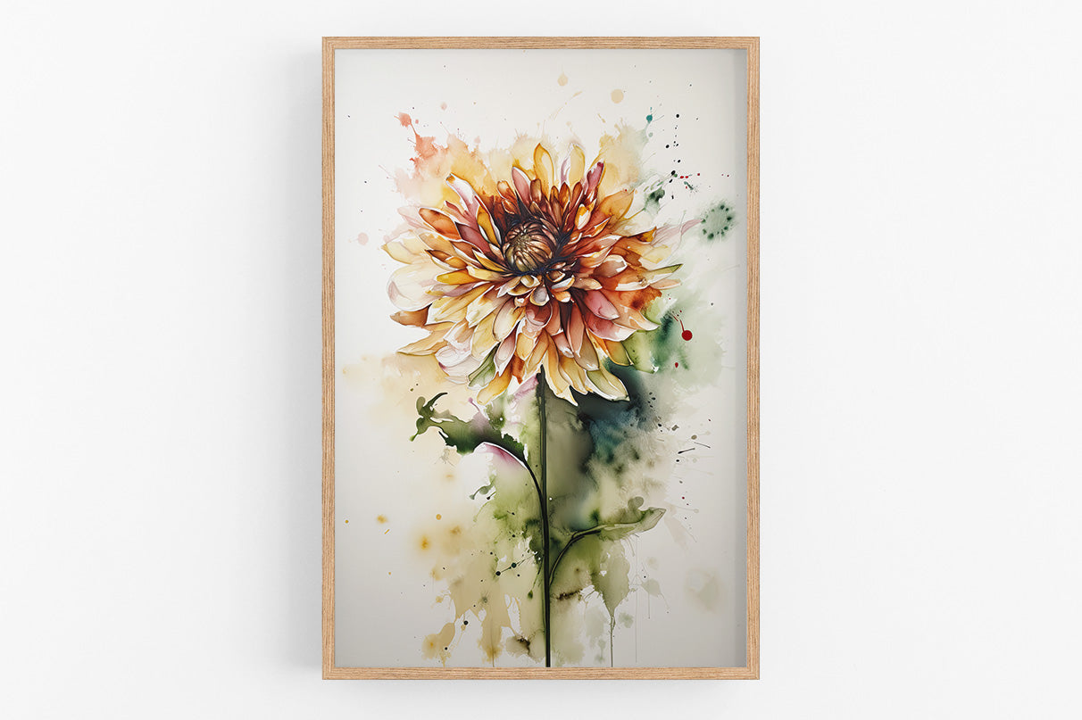 The image is a framed watercolor painting depicting a vibrant, multi-colored dahlia flower with a mix of orange, yellow, and green hues.