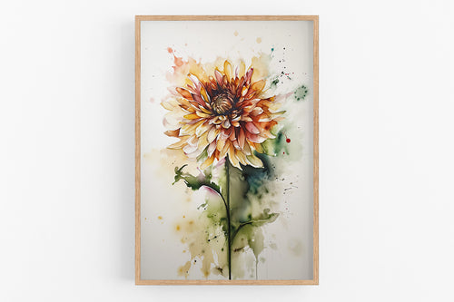 The image is a framed watercolor painting depicting a vibrant, multi-colored dahlia flower with a mix of orange, yellow, and green hues.