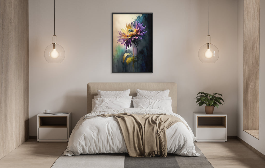 a serene and modern bedroom with a large bed, white bedding, and a framed painting of a colorful flower hanging above it. The room is illuminated by two pendant lights, creating a warm and inviting atmosphere.