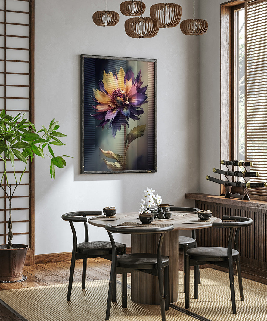 a modern dining room with a round wooden table, four black chairs, and a large framed floral artwork hanging on the wall above the table.