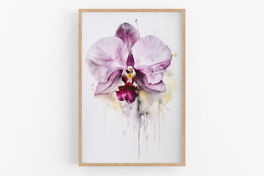 The image is a framed print featuring a close-up of a vibrant purple orchid flower with delicate petals and a striking yellow center.