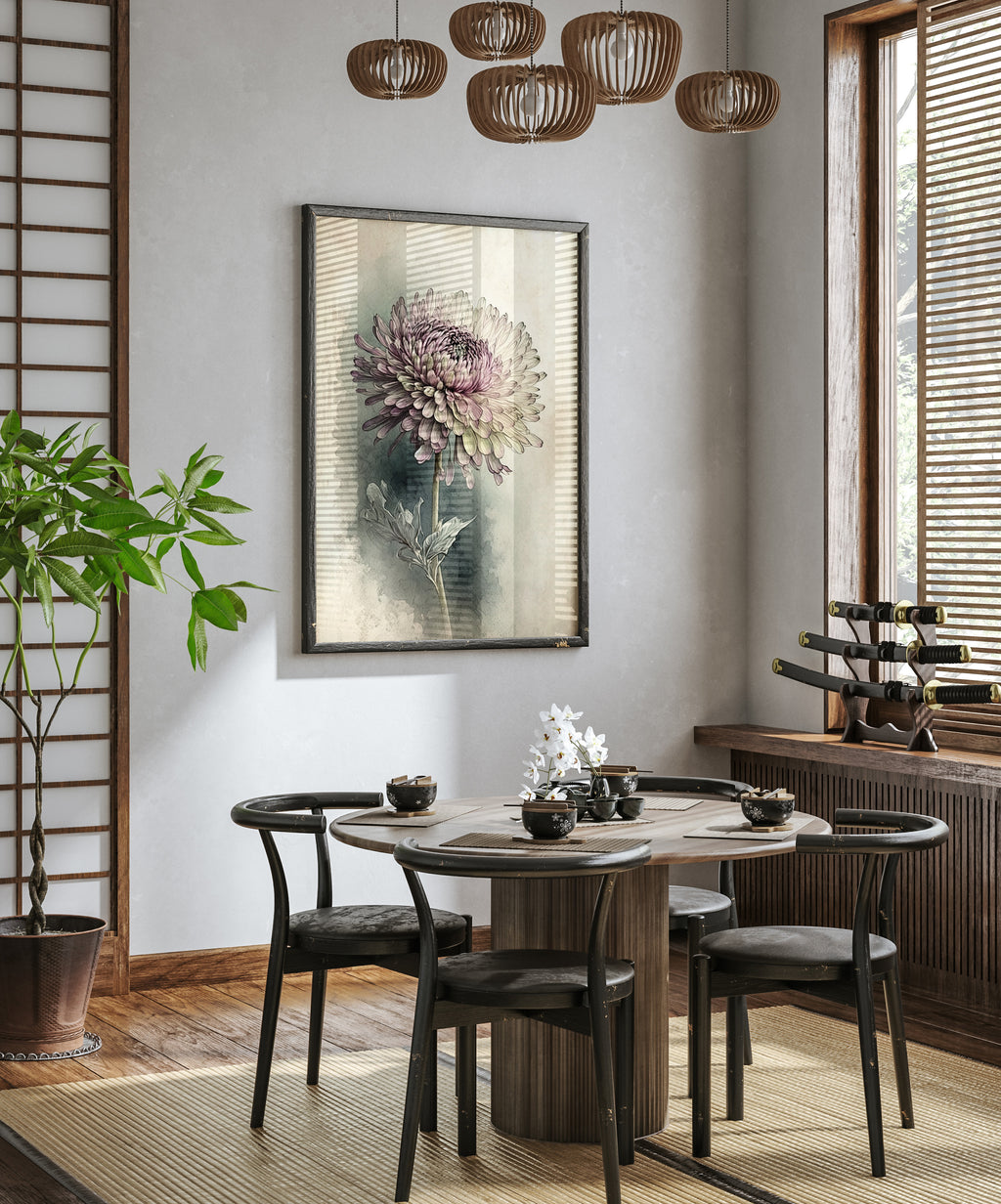 a modern dining room with a round wooden table, black chairs, and a large floral painting hanging on the wall above the table.